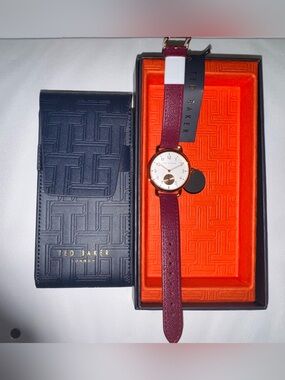 Ted Baker Plum/ burgundy Leather Strap Watch with Navy Case and Gold Accents
